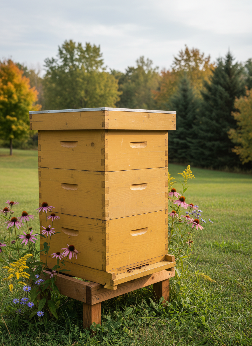 A close-up, photographic realism shot of a richly textured wooden Langstroth beehive painted a soft honey-yellow, stacked neatly with several brood and honey boxes. The hive sits on a sturdy stand in a tidy homestead apiary, surrounded by late-summer wildflowers and a backdrop of mixed maple and evergreen trees. Soft, diffused afternoon light filters through thin clouds, creating gentle highlights on the hive edges and subtle shadows in the grass. Captured at eye level using the rule of thirds, the hive is in sharp focus while the background falls into a pleasant bokeh, conveying a calm, professional, and well-managed beekeeping environment suitable for an educational blog header.