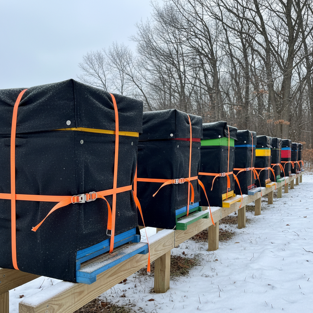 A photographic realism scene of several color-coded beehives wrapped for winter, each hive encased in black breathable insulation and secured with bright orange ratchet straps. The hives are arranged in a neat row on raised stands over lightly snow-dusted ground, with a backdrop of bare maple trees and a muted, overcast sky. Soft, diffused winter light reduces harsh shadows, emphasizing the textures of the insulation and the subtle frost on the wooden surfaces. Captured from a slightly low, three-quarter angle with the leading line of hives receding into the distance, the mood is resilient, quiet, and prepared, illustrating practical winter survival measures on a professional homestead.