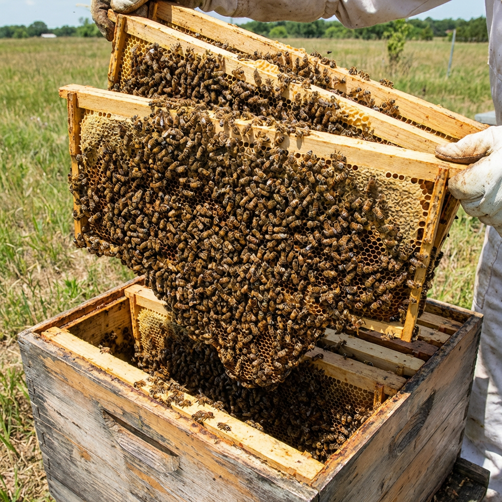 Beekeeper lifting wooden frames covered in honeybees from an outdoor beehive.